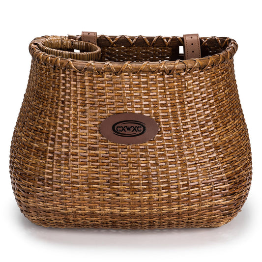 CXWXC Bike Basket - Handmade Rattan Bike Baskets for Girls Women - Front Bicycle Bike Basket with Coffee Cup Holder for Beach Cruiser, Scooter, Ebike (Brown)