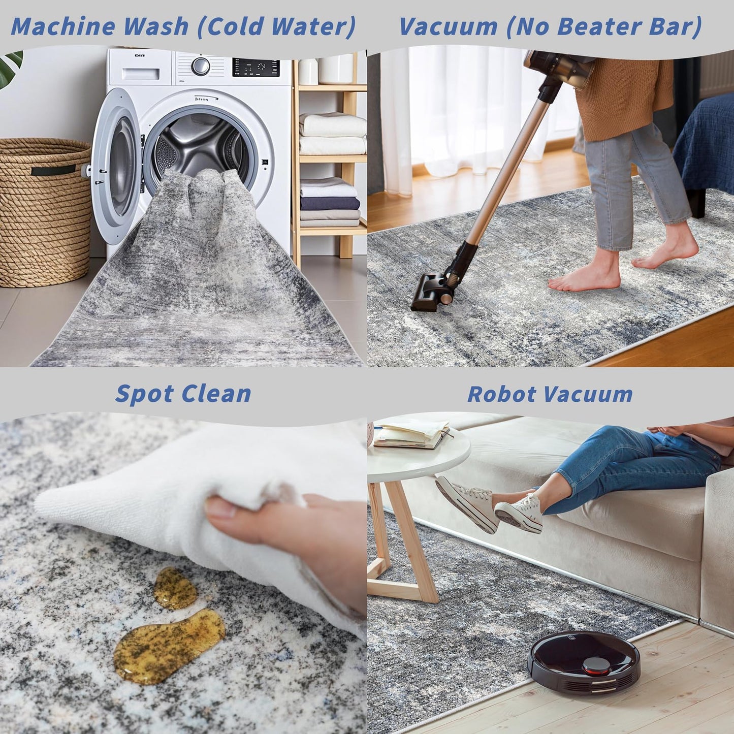 4x8 Washable Indoor Entryway Rug – Non-Slip Rubber Backed Floor Mat for Kitchen, Hallway, Bedroom – Modern Abstract Low-Pile Thin Wide Carpet Runner for Bathroom, Living Room, Office (Blue Grey, 4x8)