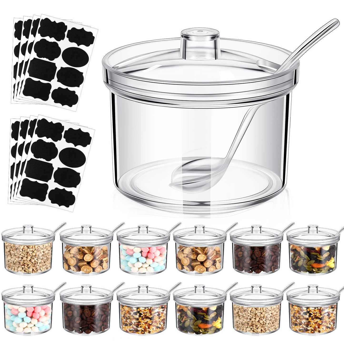 Tioncy 12 Pcs Ice Cream Bar Supplies Sugar Bowls with Lid and Spoon Acrylic Candy Dispenser Party Bar Sundae Caramel Apple Dipping Container with Tag (13.5 oz,Clear)
