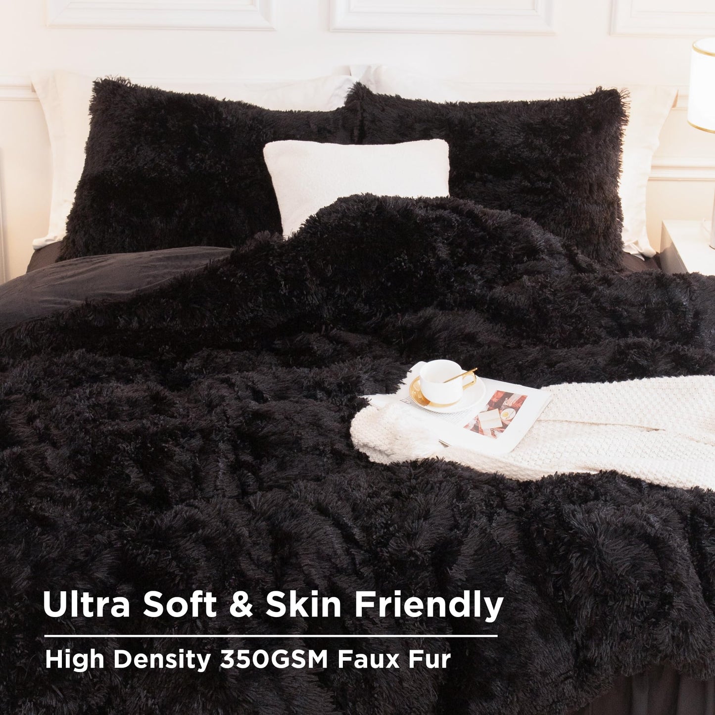 Andency Comforter Full Size Set Black, Fluffy Winter Faux Fur Warm Soft Plush Bedding Comforter Set (1 Velvet Comforter & 2 Pillowcases), Fuzzy Thick Heavy Puffy Comforters Bed Set