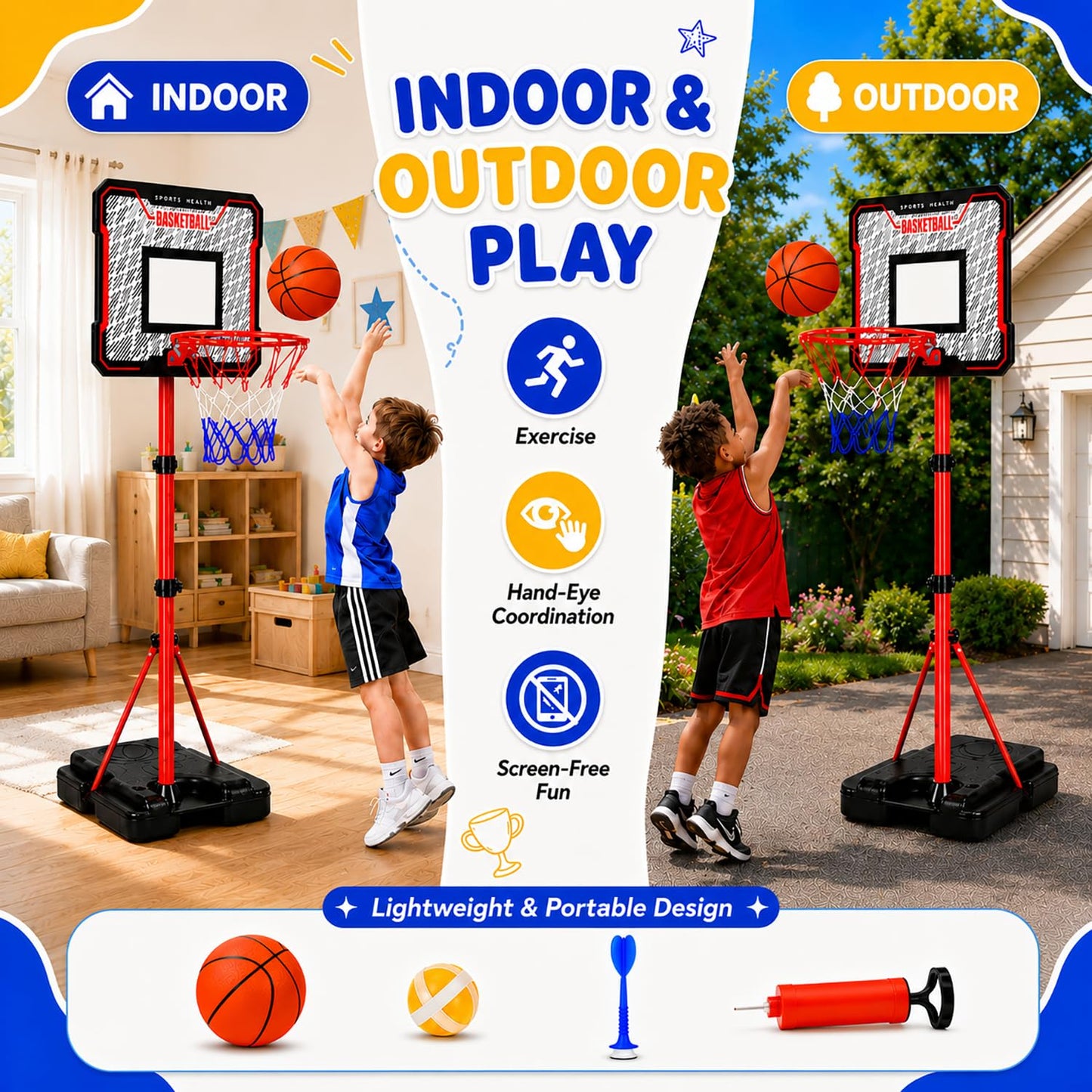 MinoSkia 3-in-1 Kids Basketball Hoop with Dart Game, Height Adjustable 3.5-6.2FT Indoor Outdoor Portable Kids Basketball Hoop for Boys & Girls Ages 3-8, Includes Pump & Balls, Space Theme Dart Board