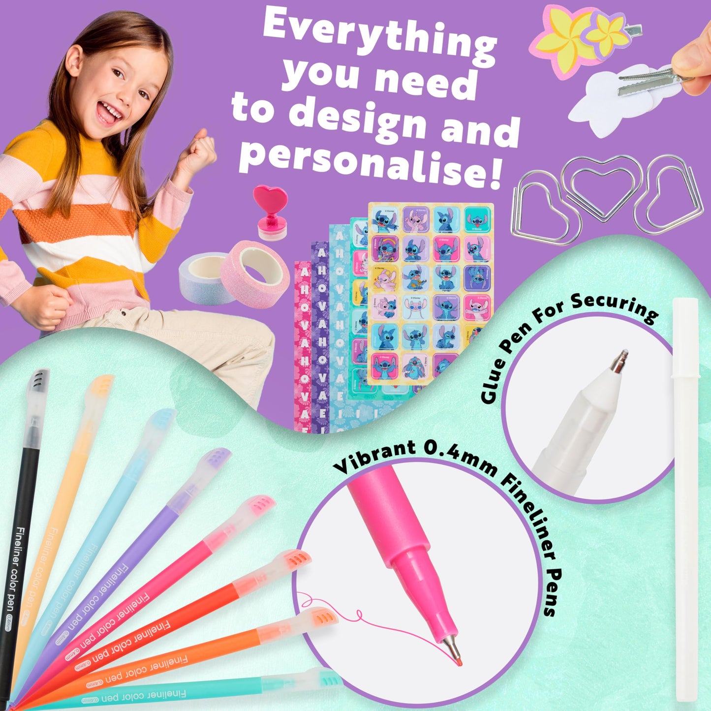 Disney Stitch DIY Journal Kit For Girls Teens, Cute Arts and Crafts Kits, A5 Spiral Notebook, Hair Clips, Pens, Sticker Sheets Stitch Gifts