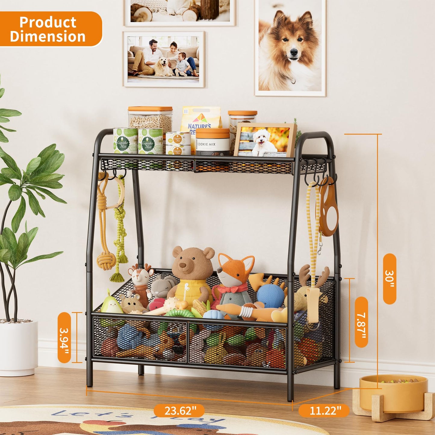 Lomivra Full Metal Dog Toy Basket, 23.6"x11.2"x7.9" Large Dogs Toy Bin with Storage Organizer, Chew-Resistant Toy Box for Dog Stuff Accessories, Pet Toy Storage Holder for Cat Dogs Essential Supplies