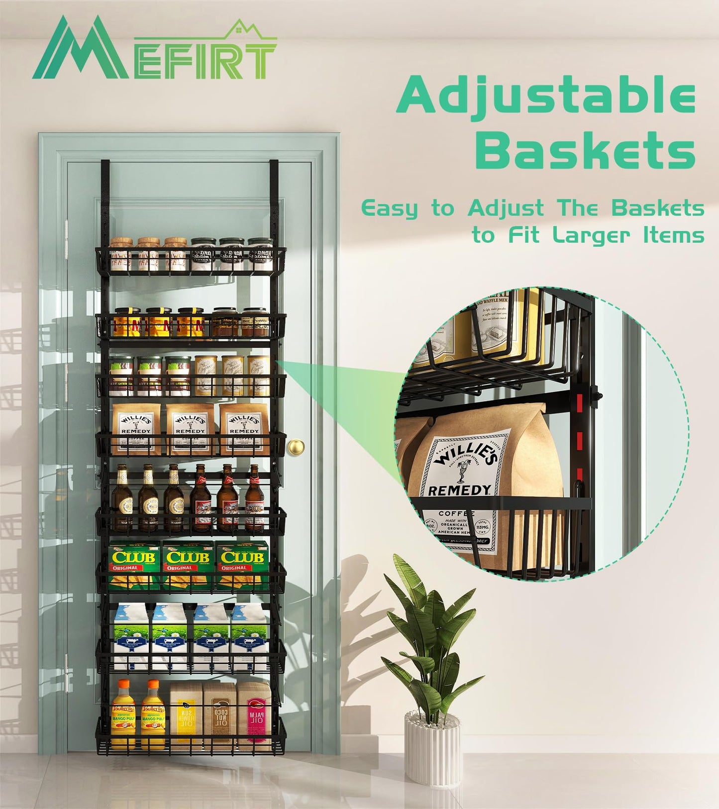 Mefirt Over The Door Pantry Organizer, Wall Mount Spice Rack, Pantry Hanging Storage and Organization, 8 Adjustable Baskets Heavy-Duty Metal for Home & Kitchen, Back of Door Seasoning Rack - Black