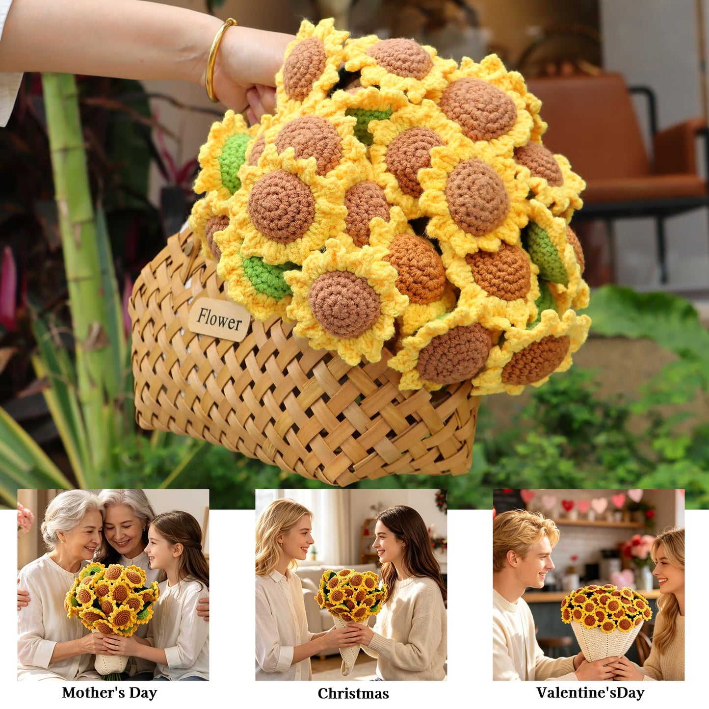 cagulax Birthday Gifts for Women Sunflower, Get Well Mothers Day Birthday Gifts for Best Friend, Mom, Sister, Grandma, Teacher, Cozy Throw & Decor Sunflower Crochet Flowers Bouquet Blanket 43 Inches