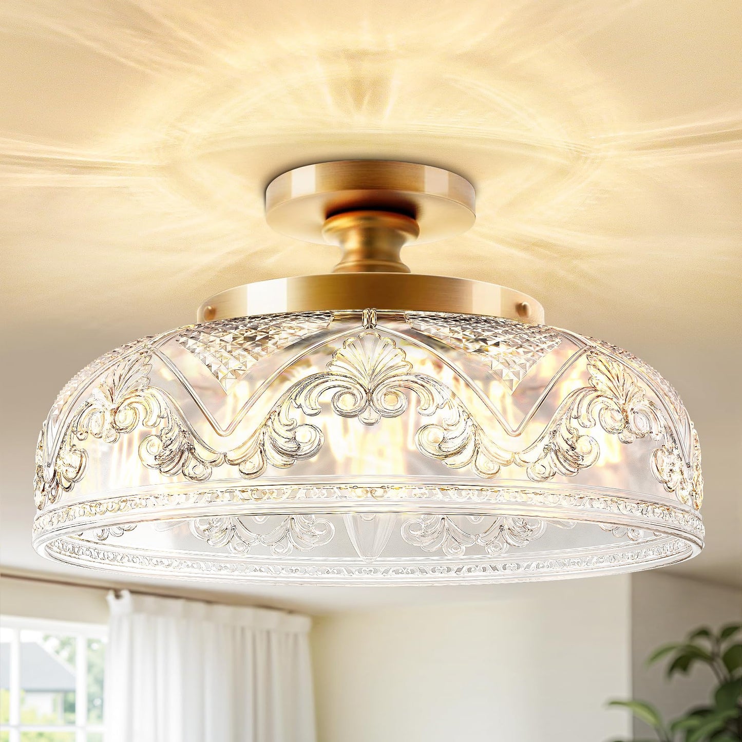 Slypadan Semi Flush Mount Ceiling Light, 12 Inch Large Gold Ceiling Light Fixture, 3-Light Globe Glass Farmhouse Kitchen Lighting Fixtures for Bathroom, Hallway, Dining Room (Bulb Not Included)