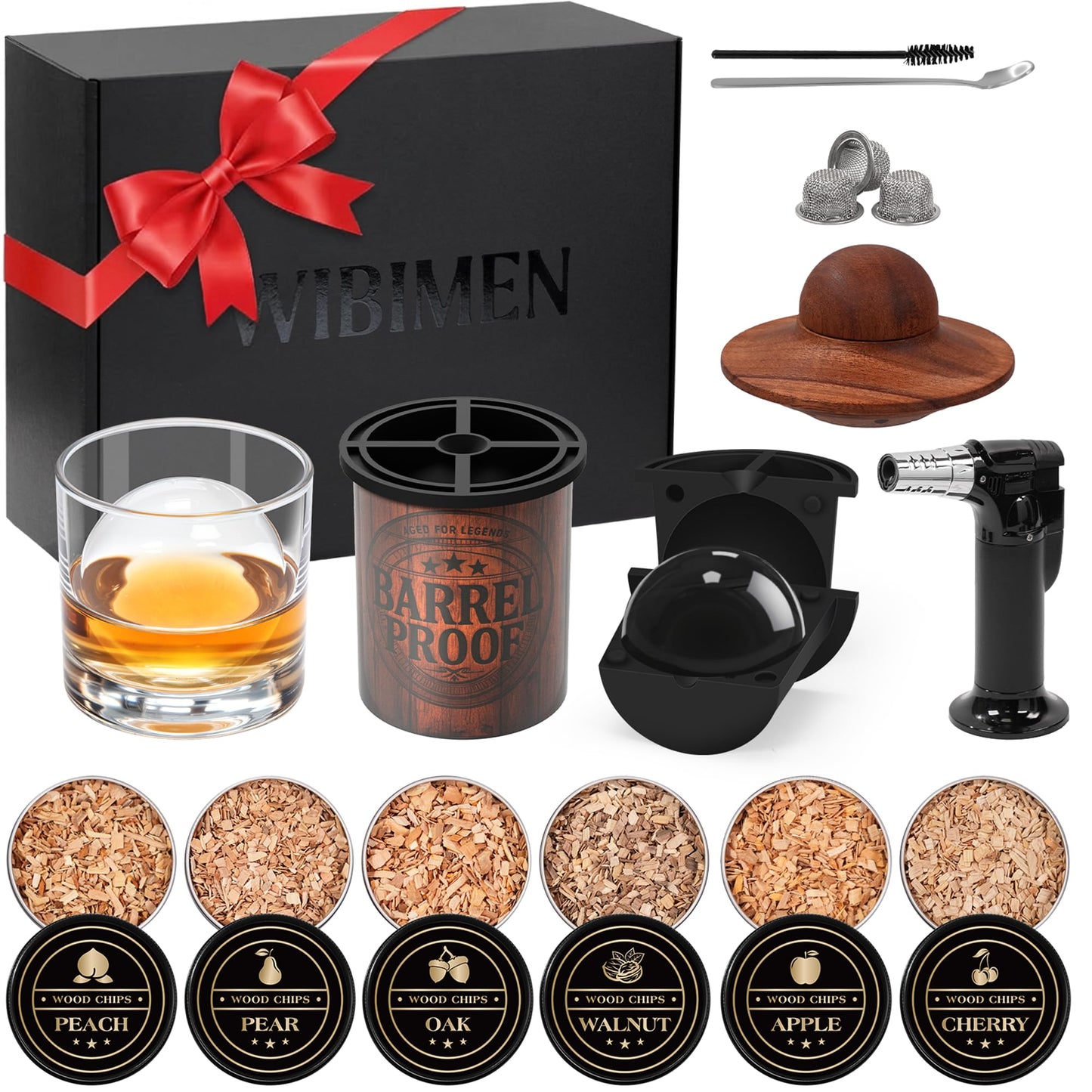 Whiskey Smoker Kit with Crystal Clear Ice Ball Maker, Torch Included, 6 Wood Chip Flavors, Old Fashioned Cocktail Smoker Kit, Bourbon Whiskey Gifts for Men, Dad (No Butane)