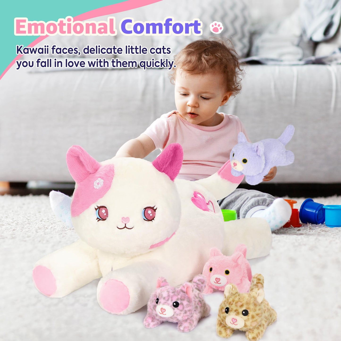 Onsoyours Original 5PC Cat Stuffed Animals with Babies Inside, Kawaii Kiity Plush with Mommy & 4 Kittens - Cute Plushies Toys for Girls Kids (Pink)