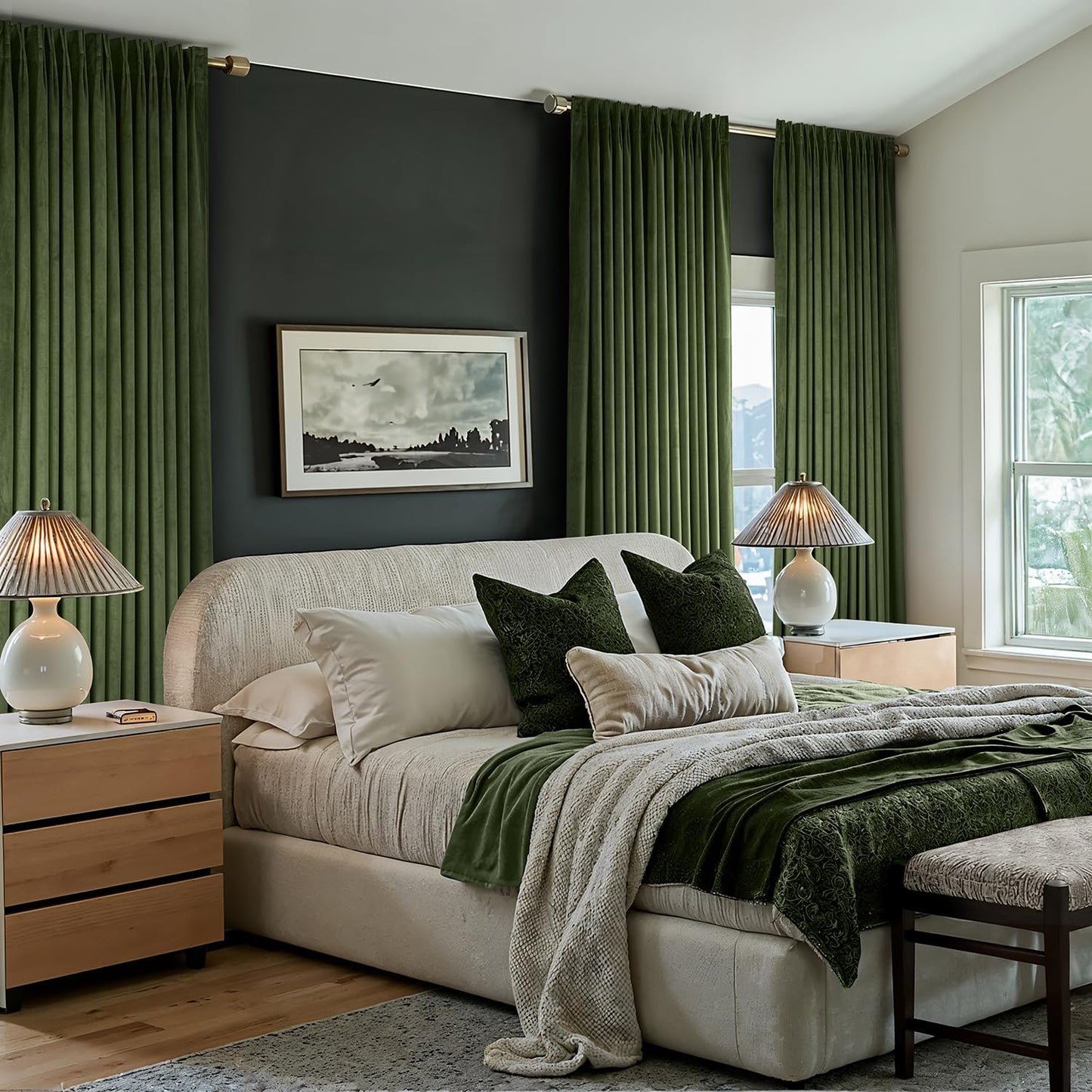 MIULEE Olive Green Velvet Curtains 96 inches Long, Pinch Pleated Blackout Drapes with Hooks, Thermal Insulated Pinch Pleat Panels for Bedroom Living Room, 2 Panels