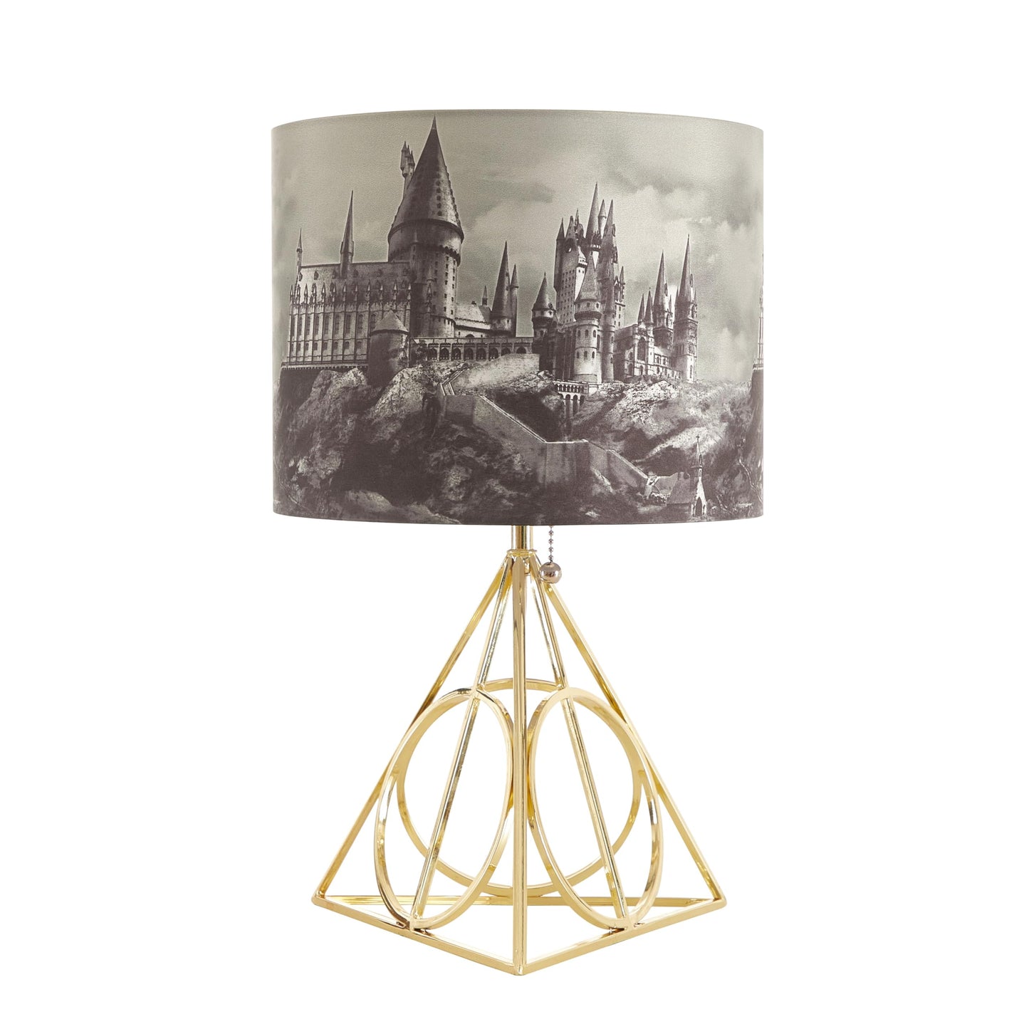 Harry Potter Figural Table Lamp – 16" Tall Gold Wire Base with Printed Hogwarts Shade, Decorative Kids Desk or Nightstand Lamp for Bedroom, Playroom, or Study Area