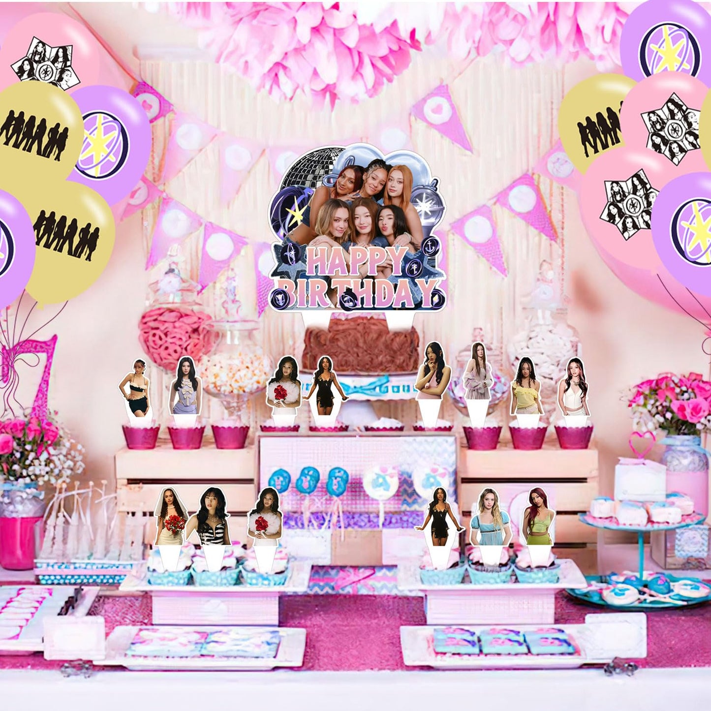 Birthday Party Decoration for K-ATSEYE, Include Happy Birthday Banner, Cake Topper, Latex Balloons, Global Girl Group Party Supplies Merchandise Gift for KATSEYE Fans