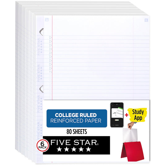 Five Star Loose Leaf Paper + Study App, 6 Pack, Notebook Paper, College Ruled Filler Paper, Reinforced, Fights Ink Bleed, 8.5 x 11, 80 Sheets per Pack (170025)