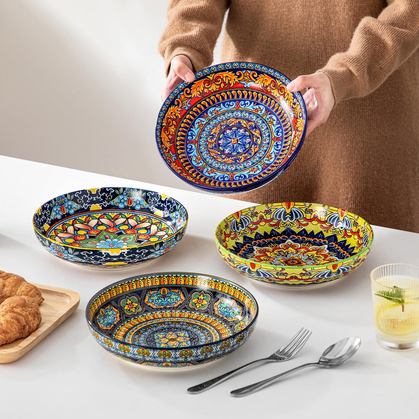 vancasso Pasta Bowls Set of 4, Ceramic Salad Serving Bowls, 42Oz Large Pasta Bowls, 8.7 in Colorful Bowl Plates for Soup, Bohemian Shallow Bowls for Kitchen, Microwave & Dishwasher Safe