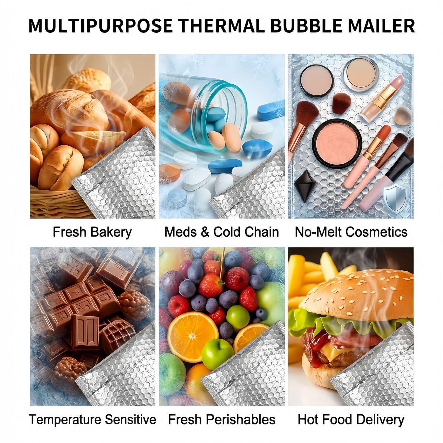 50 Pack 6x8 Inch Thermal Insulated Bubble Mailers for Cold Shipping, Metallic Silver Foil Padded Envelopes, Self-Seal Water-Resistant Cushioned Shipping Bags
