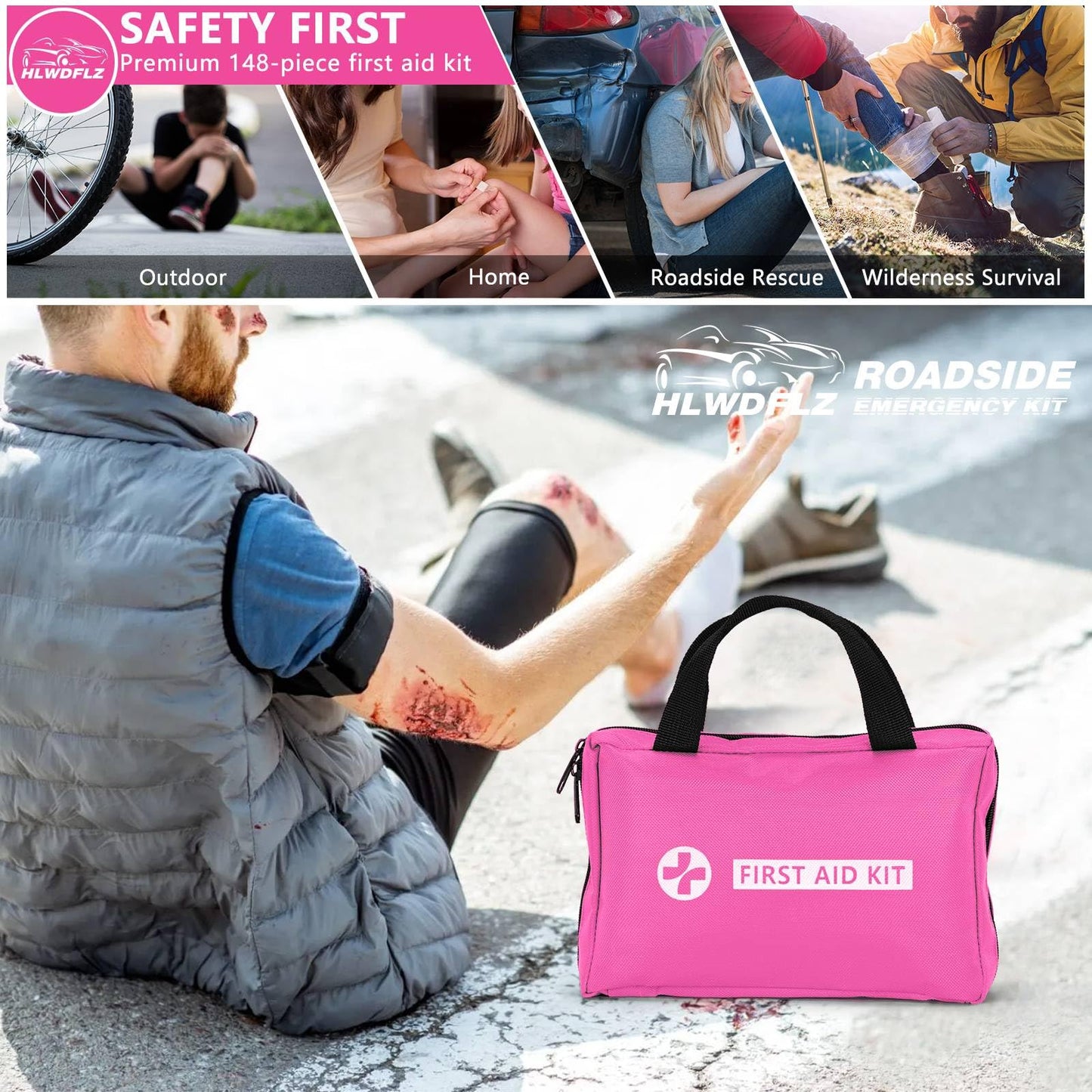 HLWDFLZ Car Emergency Kit with Portable Air Compressor - Roadside Assistance Emergency Kit with Jumper Cables, First Aid Kit, Auto Tool Set, Winter Safety Kit for Women, Men, Teen (Pink)