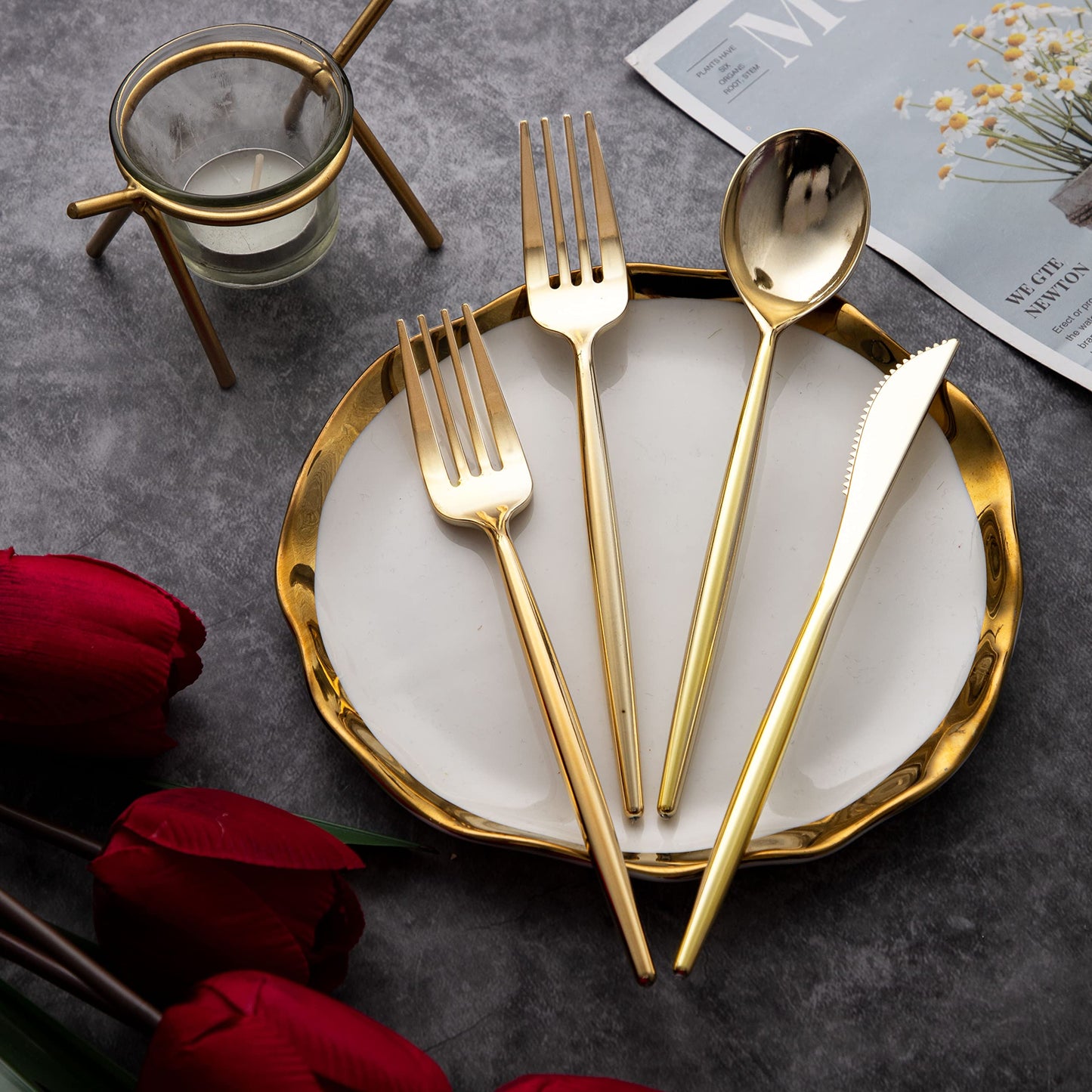 LIYH 360 Pcs Gold Plastic Silverware - Elegant Gold Silverware Disposable Utensils Set for Weddings,Parties & Events - Includes Forks,Spoons,Knives,Cutlery Tableware