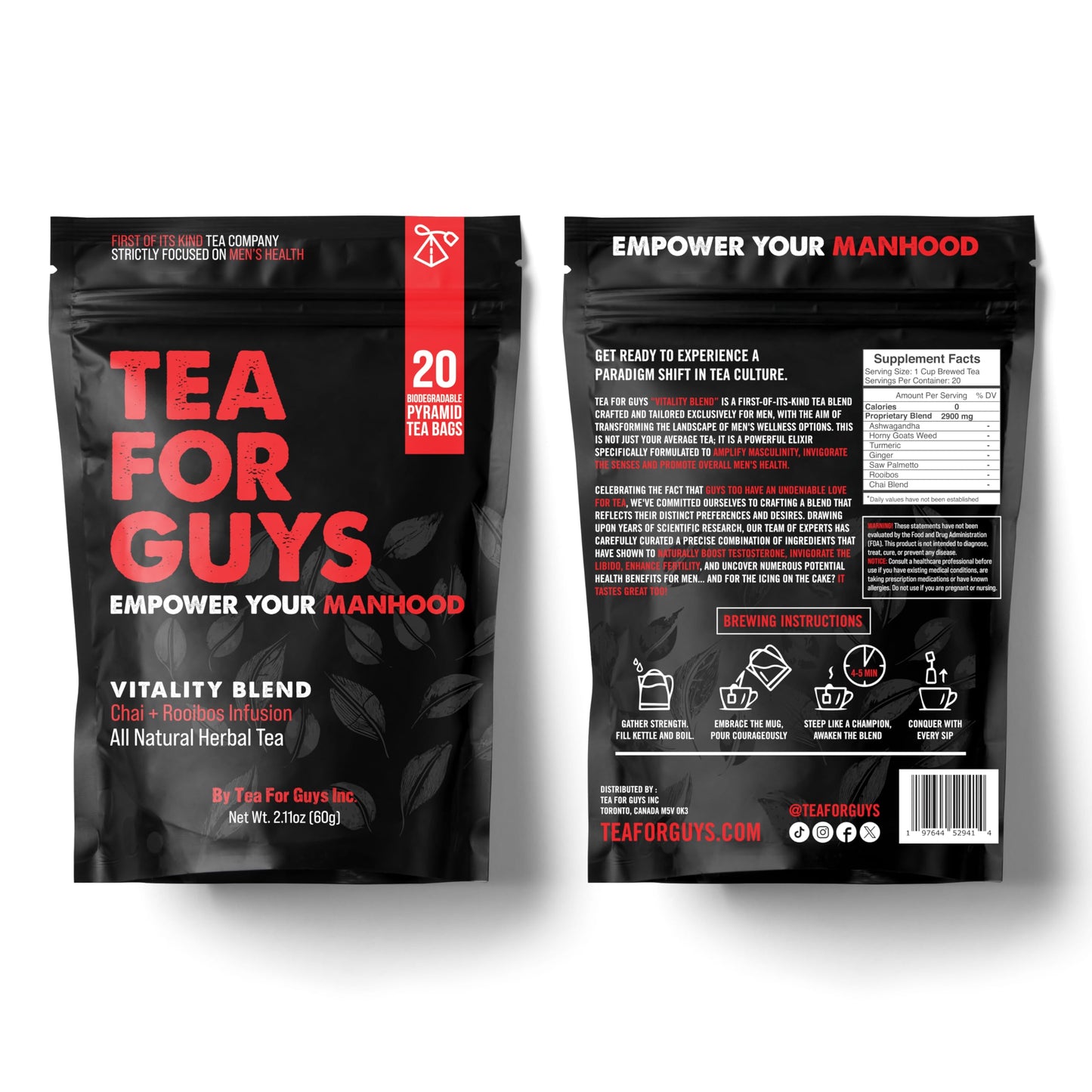 Tea For Guys: Vitality Blend – Natural Support for Testosterone, Libido, Male Fertility and overall Male Vitality | Herbal Tea for Mens Wellness – 20 Biodegradable Tea Bags