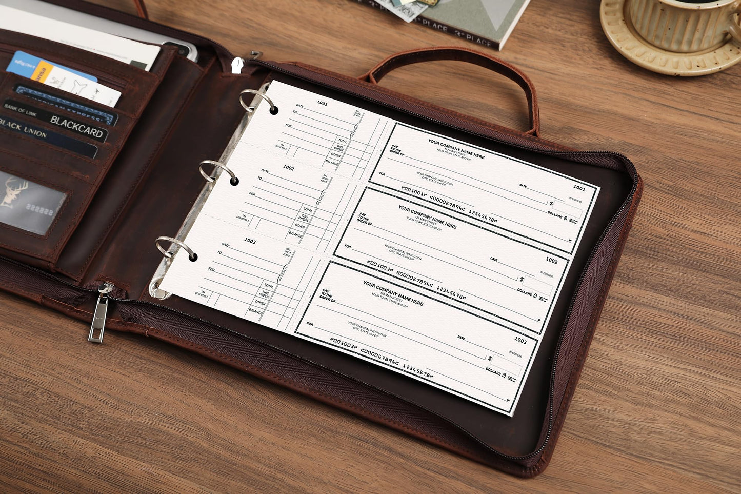 3 Ring Check Binder for 3 on a Page 9" x11 1/4" Check Holder, Zippered Business Checkbook Holder, 3 Ring Check Book Binder for Business Checks, Fit 3 & 9 Holes Check - Dark Kahki