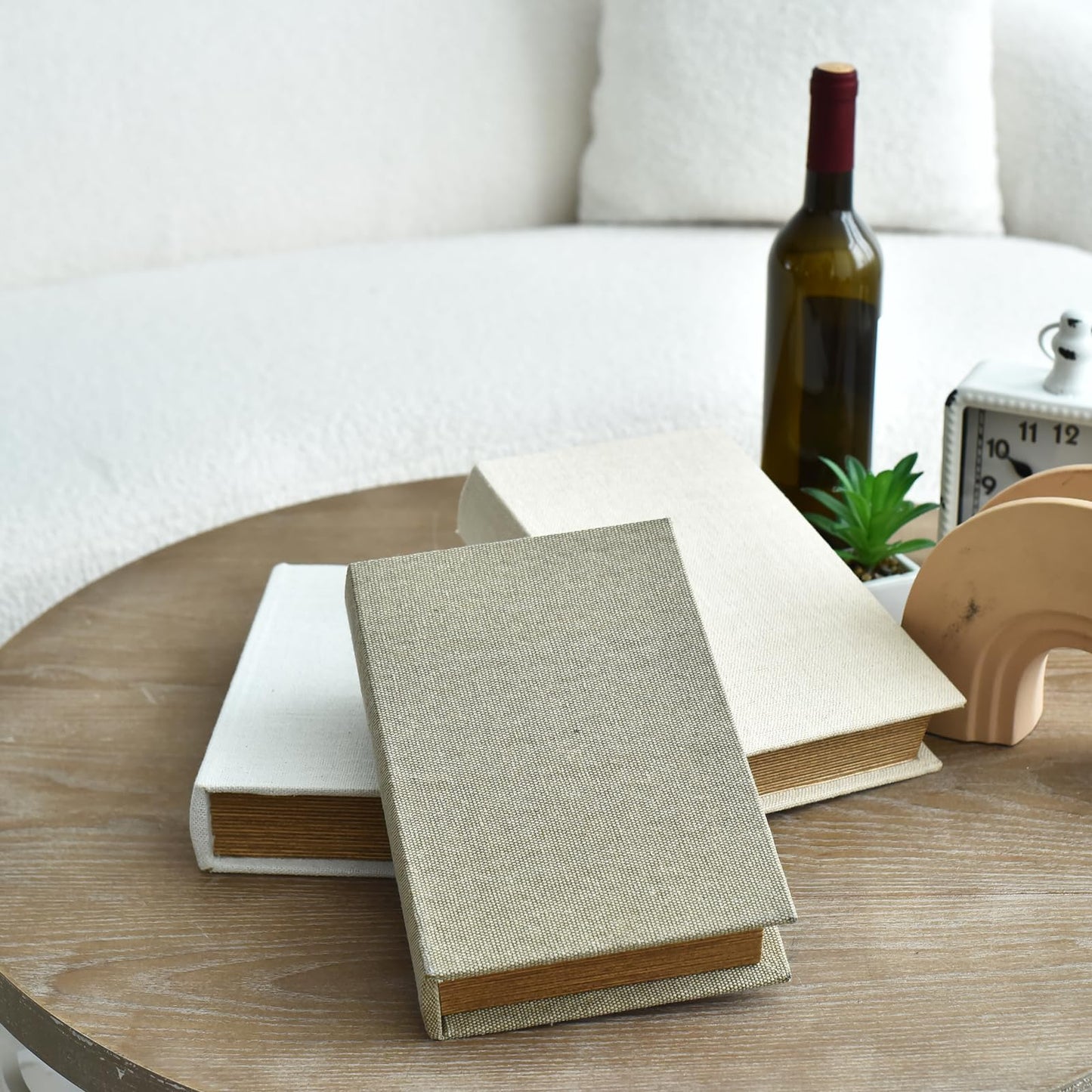 DECOR4SEASON Modern Linen and Wood Decorative Faux Book Boxes Set of 3,10", Taupe,Beige,Off White