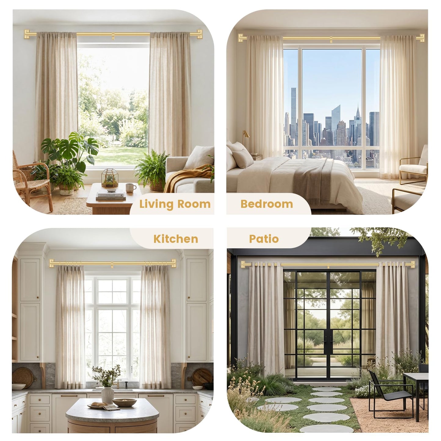 TANGWIN Gold Wrap Around Curtain Rods 72 to 144":Blackout Heavy Duty Adjustable Long Window Curtain Rod Room Darkening,Modern Industrial Curved French Return Metal Drapery Rods Easy Install,Brass Gold