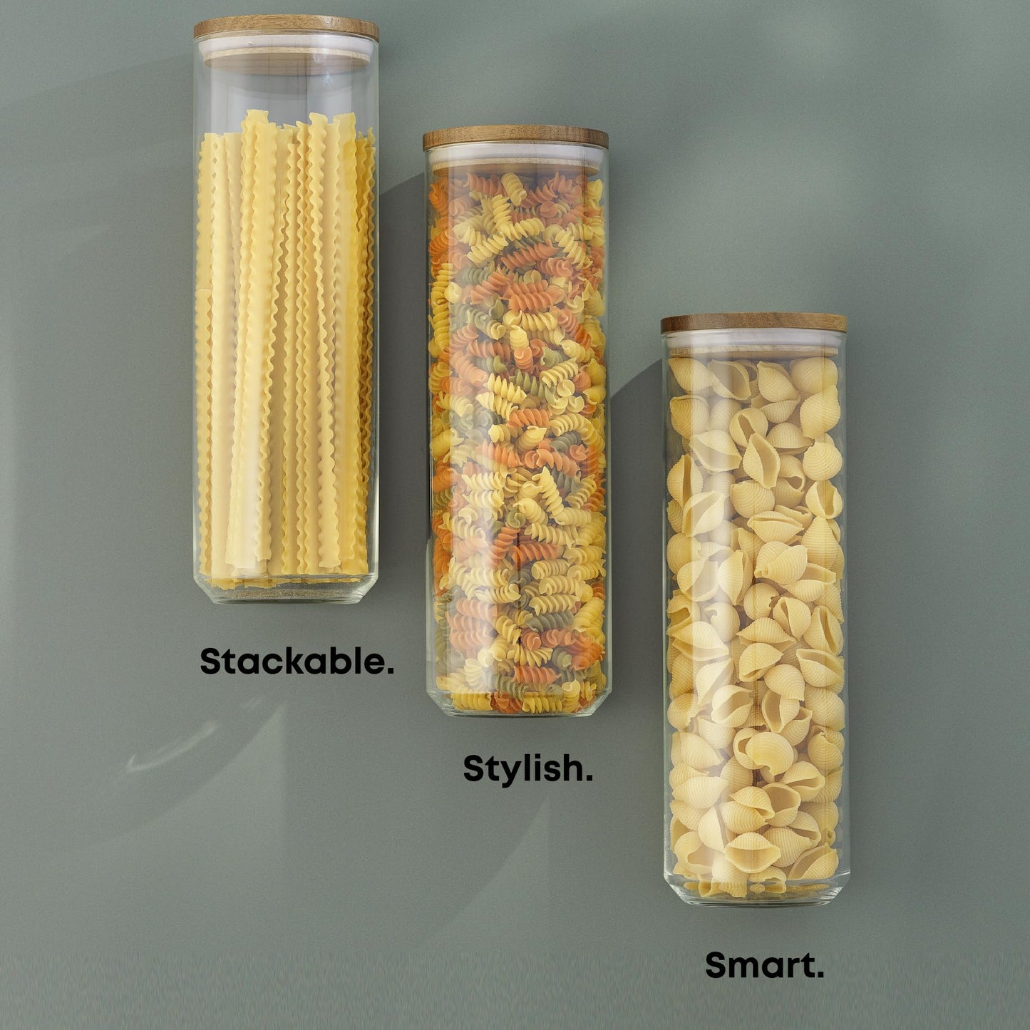 JoyJolt Holden 72oz Stackable Glass Storage Containers with Lids, Large Kitchen Food Storage Canisters with Acacia Wood Lids, Airtight Canister Set of 3 for Pasta Sugar Flour, Pantry Organization
