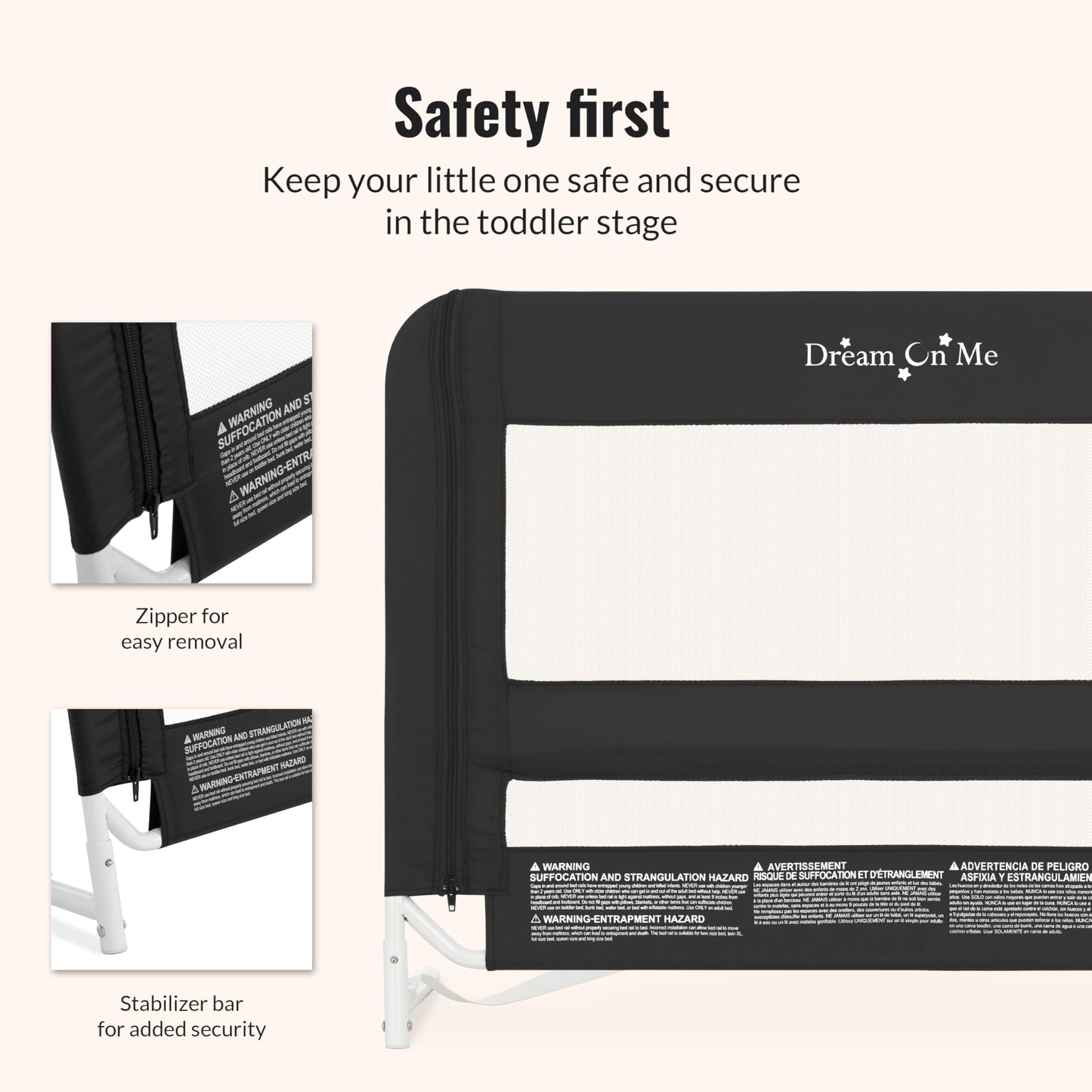 Dream On Me Mesh Security Bed Guard Rail for Toddlers 2–5 Years, Fits Twin–King Beds, Reinforced Anchor System, 2 Adjustable Heights, Black, Not for Cribs/Toddler Beds