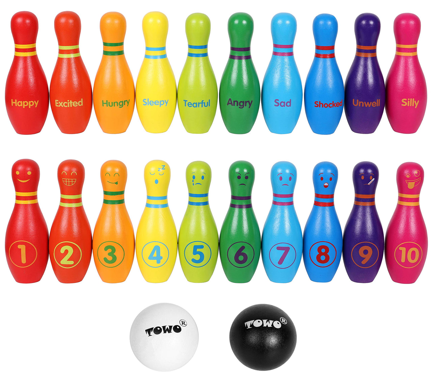 TOWO Wooden Skittles for Children - Wooden Skittle Set with Animal Faces and Numbers - 10 Pin Bowling Set for Kids - Wooden Toys for 2 Year Old