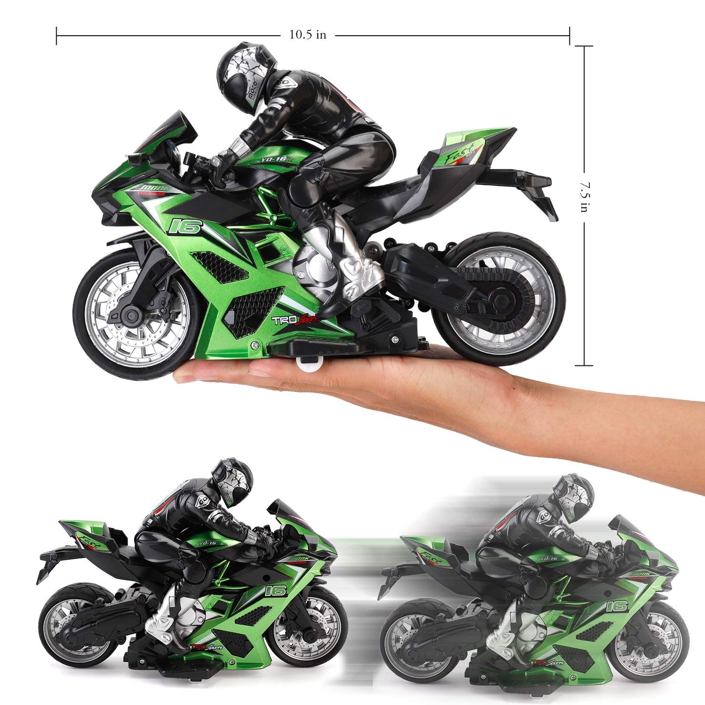 Liberty Imports 2.4G RC Remote Control Stunt Motorcycle with Riding Figure, 1:10 Scale High Speed Cross Country 360 Degree Rotation Drift Shockproof Racing Motorbike (Green)