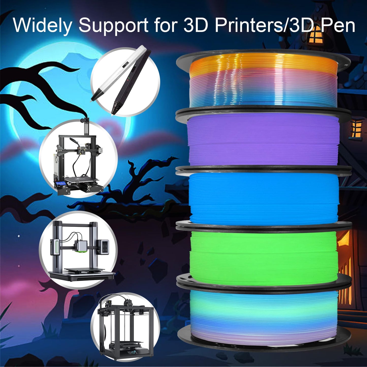 1.75mm PLA 3D Printer Filament Bundle: Glow in Dark Green/Blue/Purple/Rainbow, One Spool Clear Multi Colored, Each Spool 250g, Total 1.25Kg 3D Printing Material, 250g x 5 Spools Glow in Dark PLA