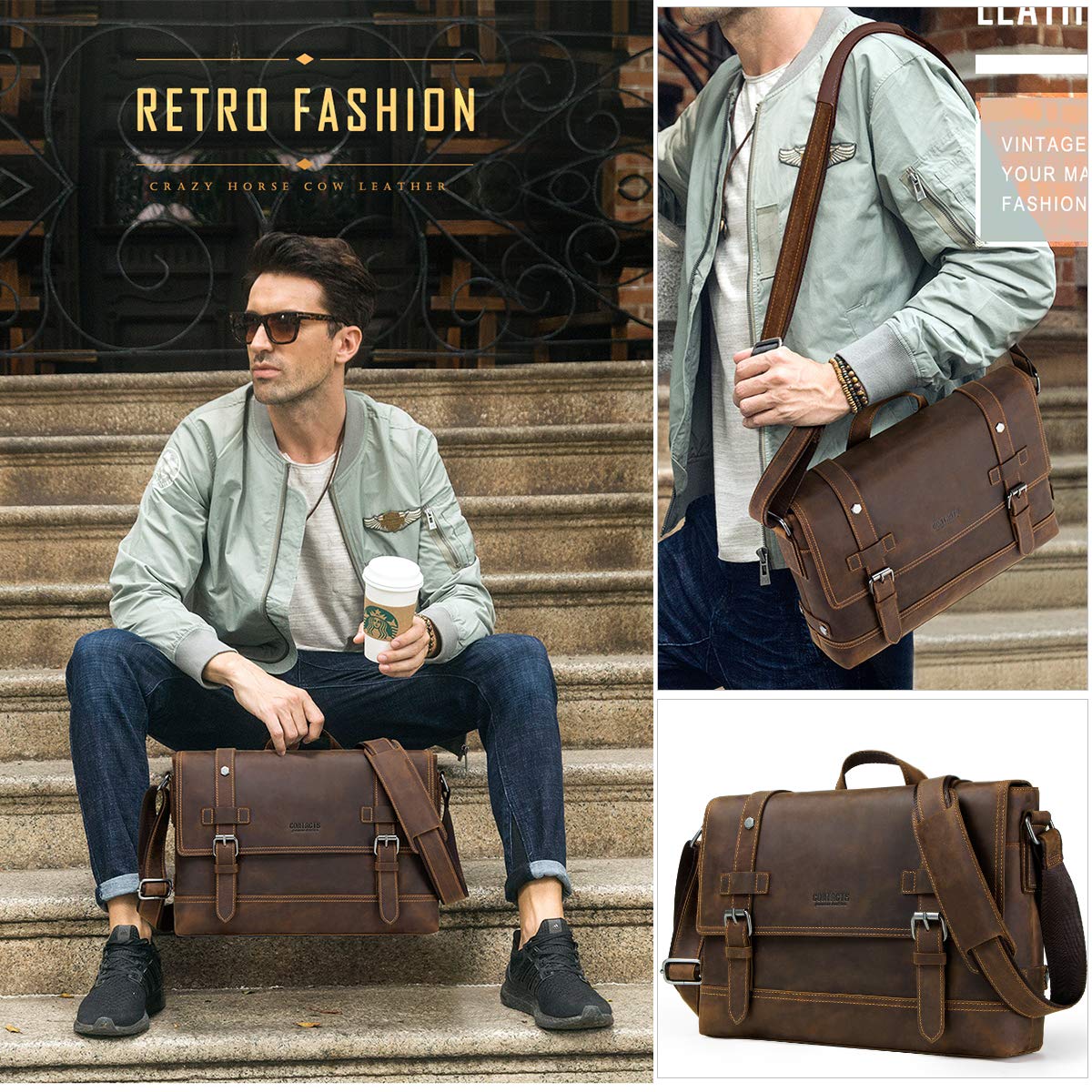 Contacts Crazy Horse Leather Messenger Bag for Men 12 Inch Laptop Briefcase Computer Shoulder Bag Travel Business (Brown)