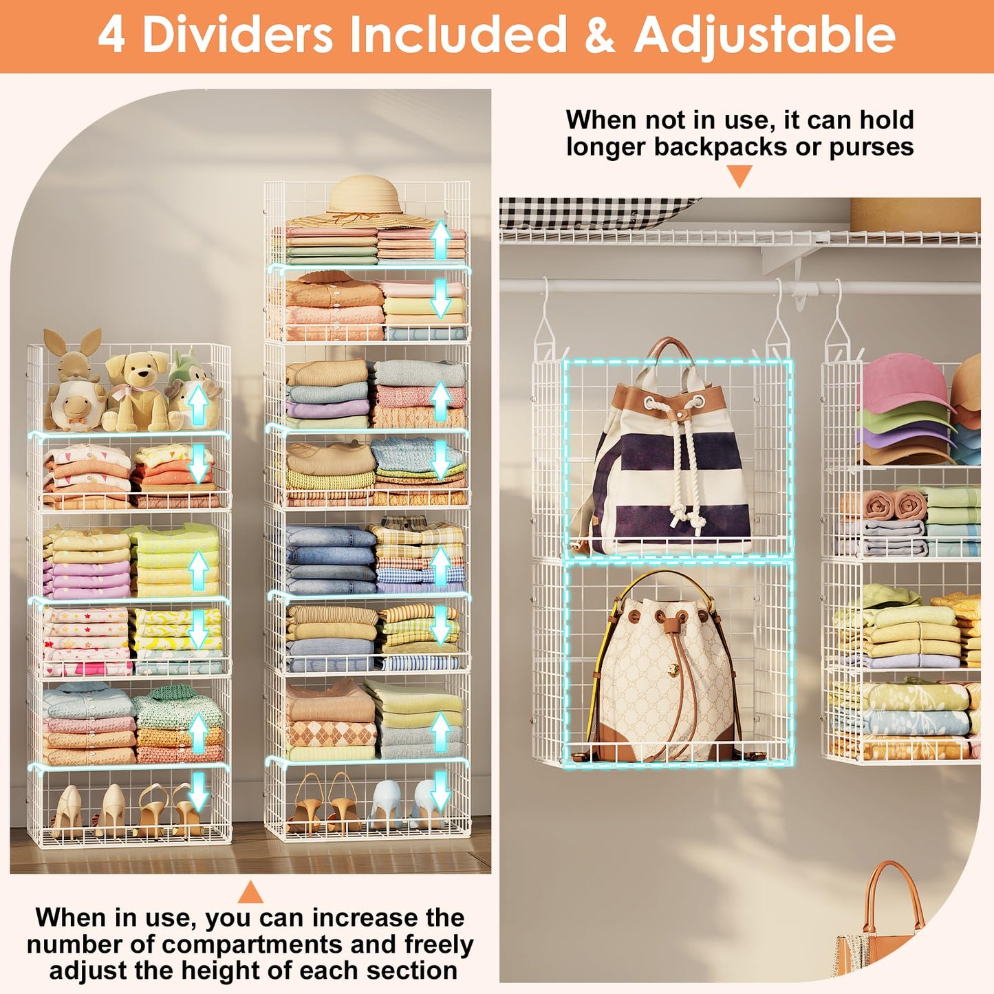 8 Tier Extended Width Hanging Closet Organizer, Sweater Storage for Closet Organizer System, Stackable Wire Basket Bins for Clothes Purse Shoes, Hanging Shelves with 4 Hooks & 4 Dividers Adjustable
