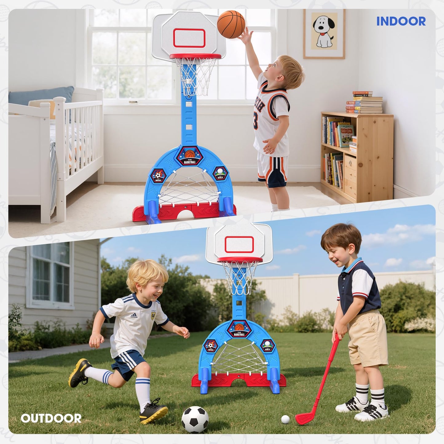 HYES Toddler Basketball Hoop, 3-in-1 Sports Activity Center with Soccer Goal, Golf Game, 5 Height Adjustable Kids Basketball Hoop, Indoor Outdoor Playset Toys Gifts for Boys Girls 3-5, Blue