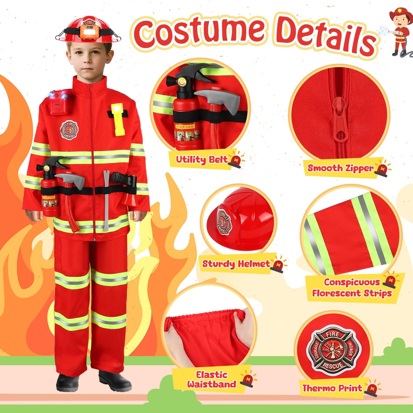 HUUIDY Fire Chief Costumes for Kids, Fireman Role Play Dress Up Set, Kids Costume with Fire Fighter Accessories