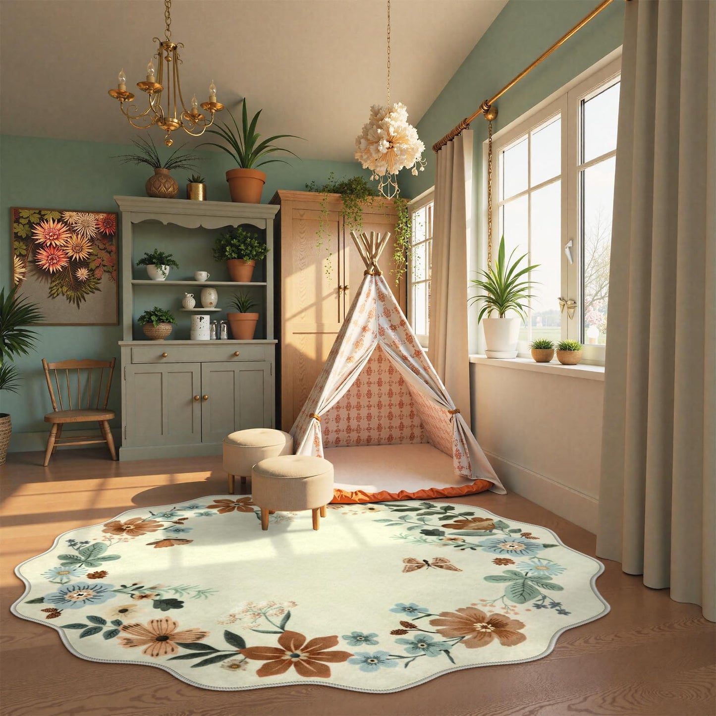 Lahome Floral Washable Round Area Rug, Soft Round Rugs 6ft Ultra-Thin Non-Slip, Boho Large Circle Carpet for Bedroom Living Room Kitchen Nursery, Beige