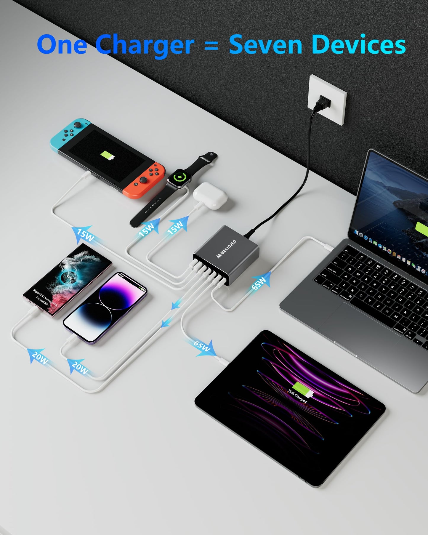 Aluminum Alloy 260W USB C Charger GaN Fast USB C Charging Station 7 Ports 65W Laptop Charger for MacBook Pro/Air/iPad Pro/iPhone (Grey)