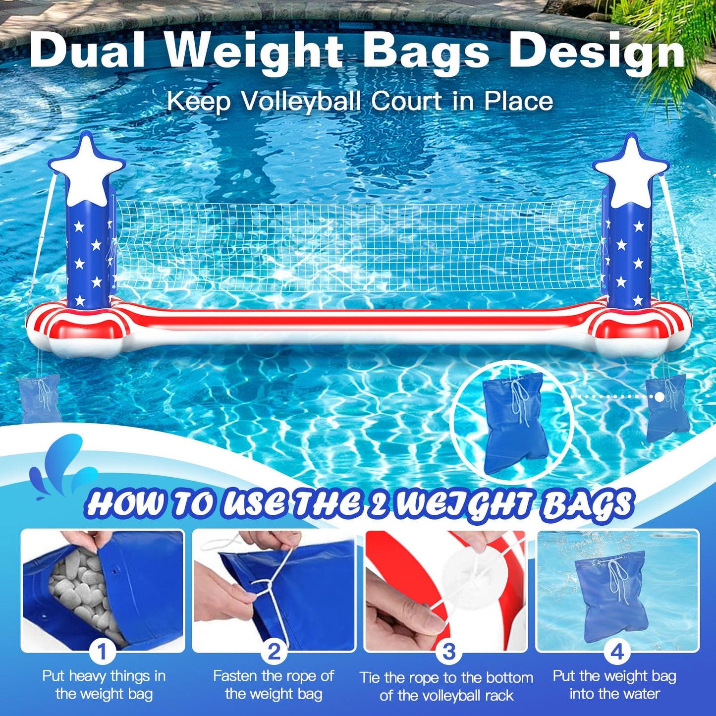 Inflatable Pool Volleyball Net Basketball Hoop 120 Inch Large PVC Pool Volleyball Court Toys Set with 2 Balls and 2 Weight Bags Summer Water Floats