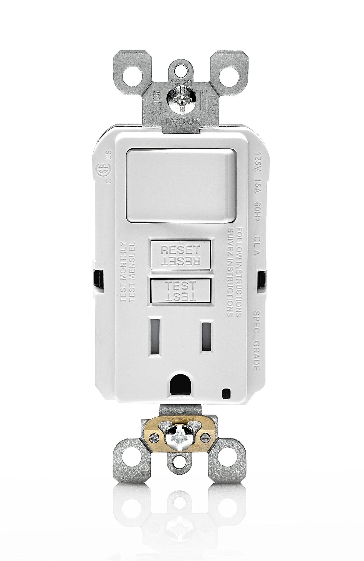 Leviton GFSW1-W 15-Amp Self-Test Smartlockpro Slim GFCI Combination Switch Tamper-Resistant Receptacle with LED Indicator, 20-Amp Feed-Through, 3 Pack, White
