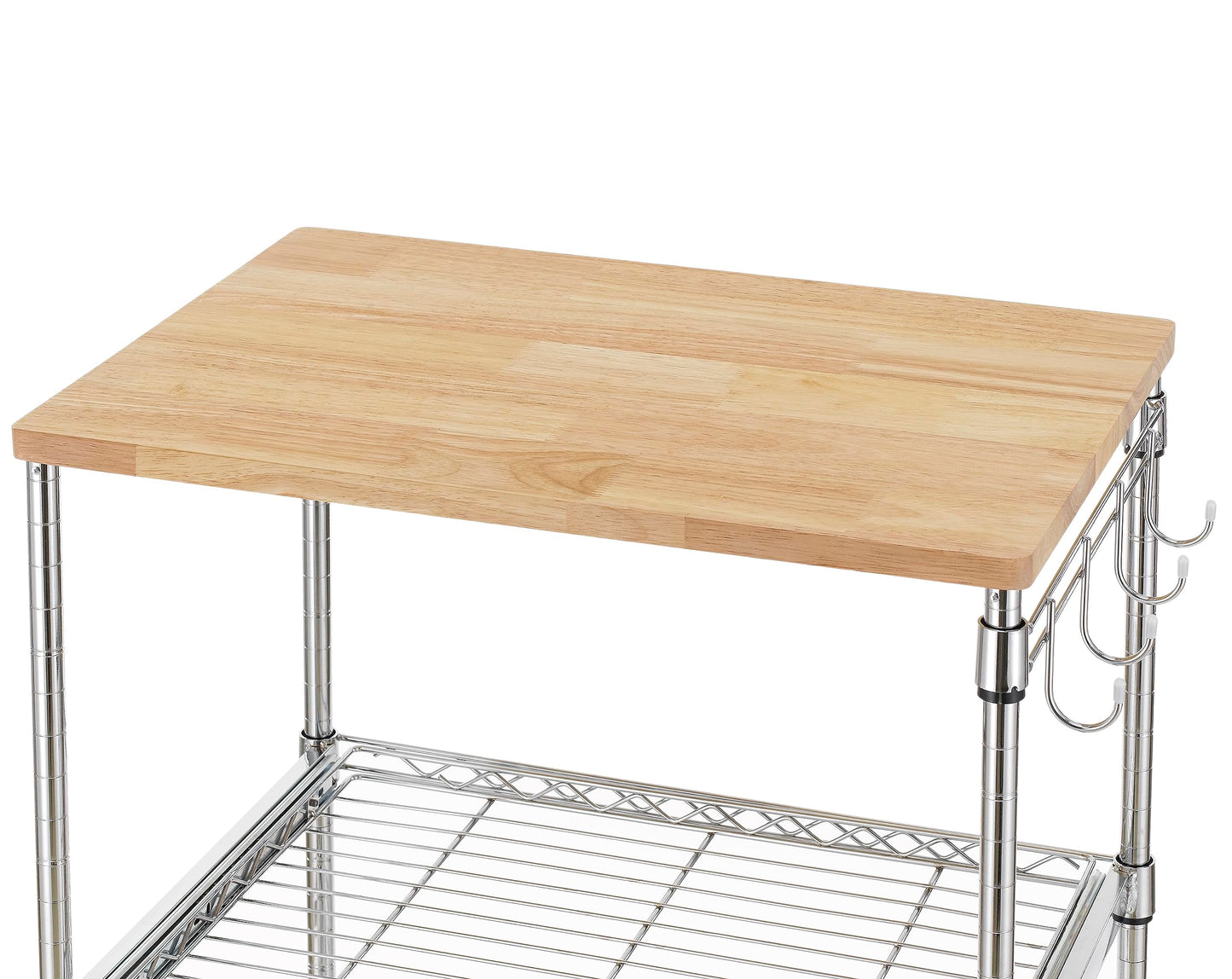 Finnhomy 3-Tier Rolling Kitchen Cart, Microwave Cart with Oak Wood Tabletop and Drawer Slider, Coffee Cart & Food Service Cart with Hooks, Chrome