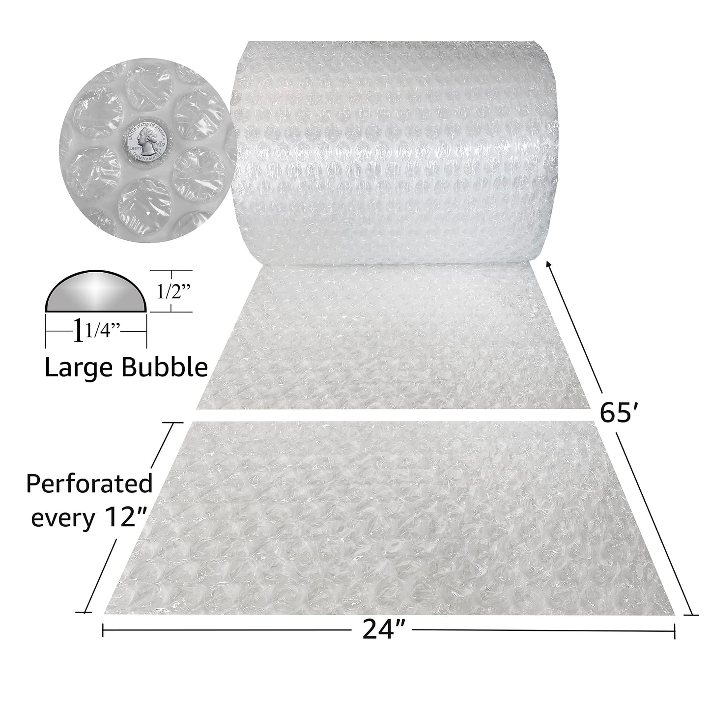 Bubble Cushioning Protective Packaging Large 1/2" (24" Wide x 65' Length), Bubble Cushioning Wrap For Moving, Packing & Shipping, Padded Bubble Roll