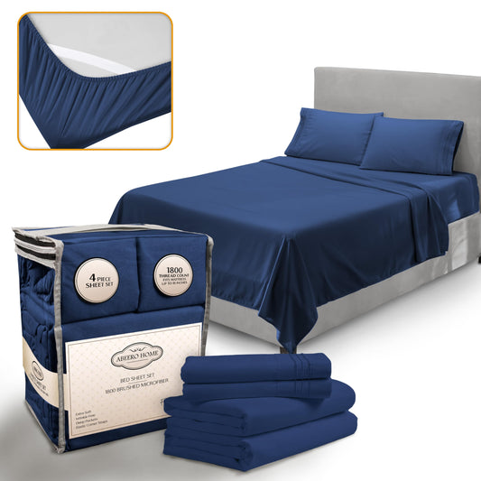 Abeero Home Queen Sheet Set - Luxury Hotel Bed Sheets - Soft Cooling Sheets with Elastic Corner Straps - Deep Pocket Microfiber Bedsheet - Bedding Sheets & Pillowcases - 4 PC (Queen Size, Navy Blue)