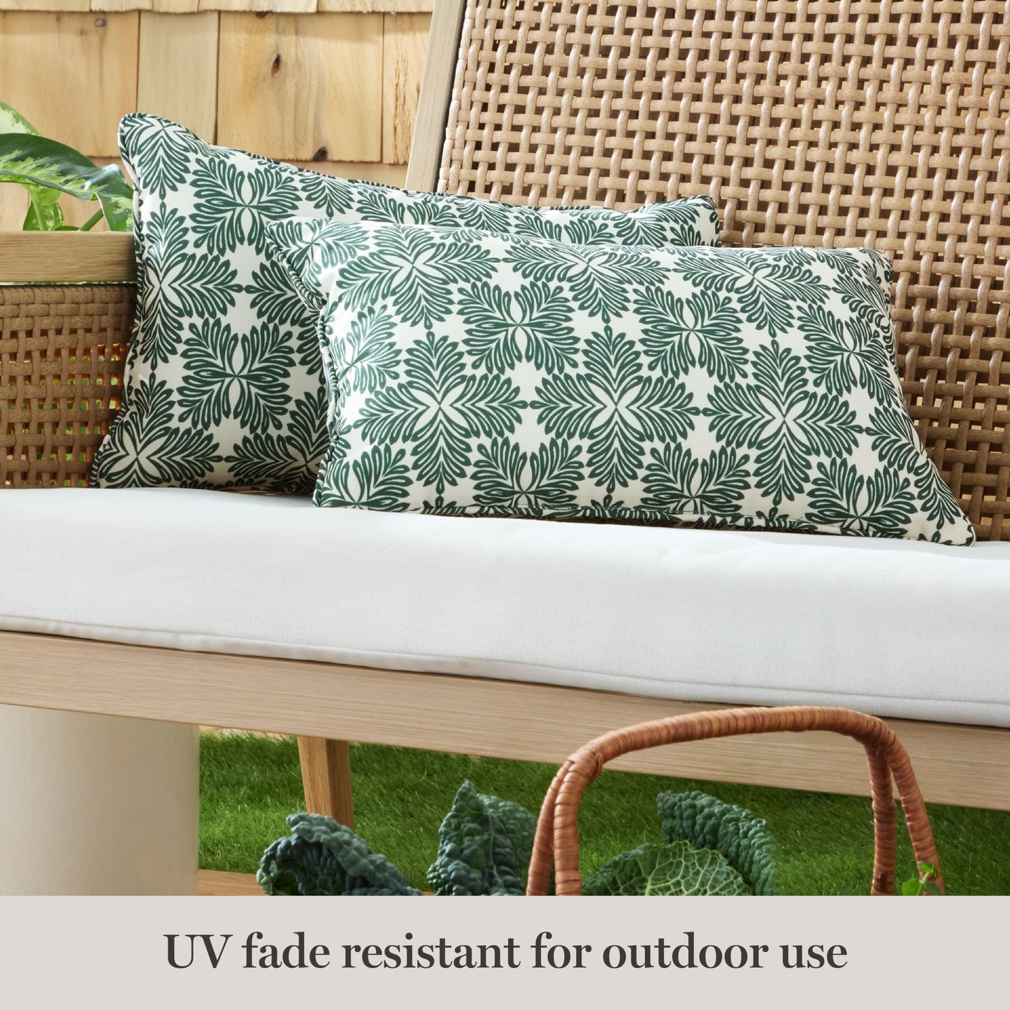 Martha Stewart Tulum Indoor Outdoor Decorative Lumbar Pillow 2-Pack Set, UV Fade Resistant, Water Repellent, Printed Modern Design, Green, 11"x18"