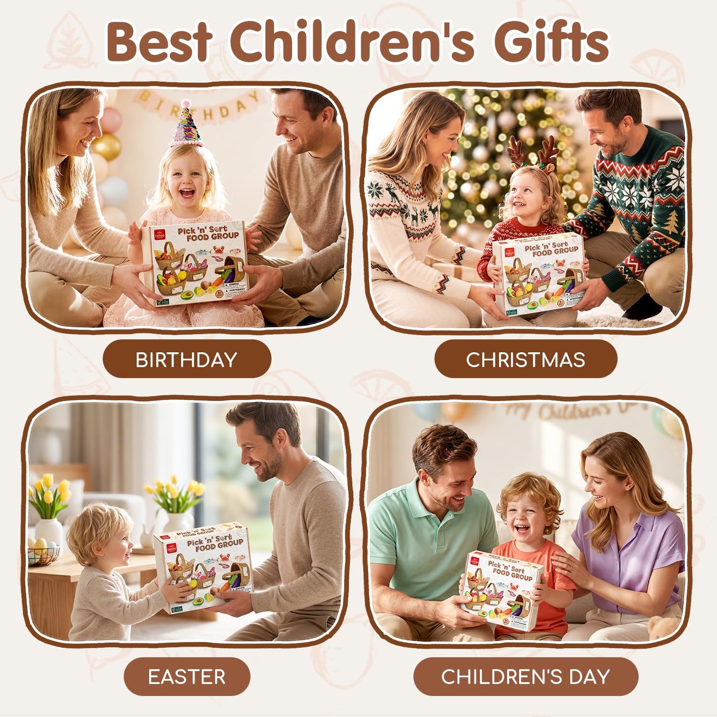 Lehoo Castle Wooden Play Food for Toddlers, Toys Food for Kids Kitchen Accessories, 4 Food Groups Pretend Cutting Fruits, Montessori Toys for Toddlers 2 3 4 Years Old Girls Boys