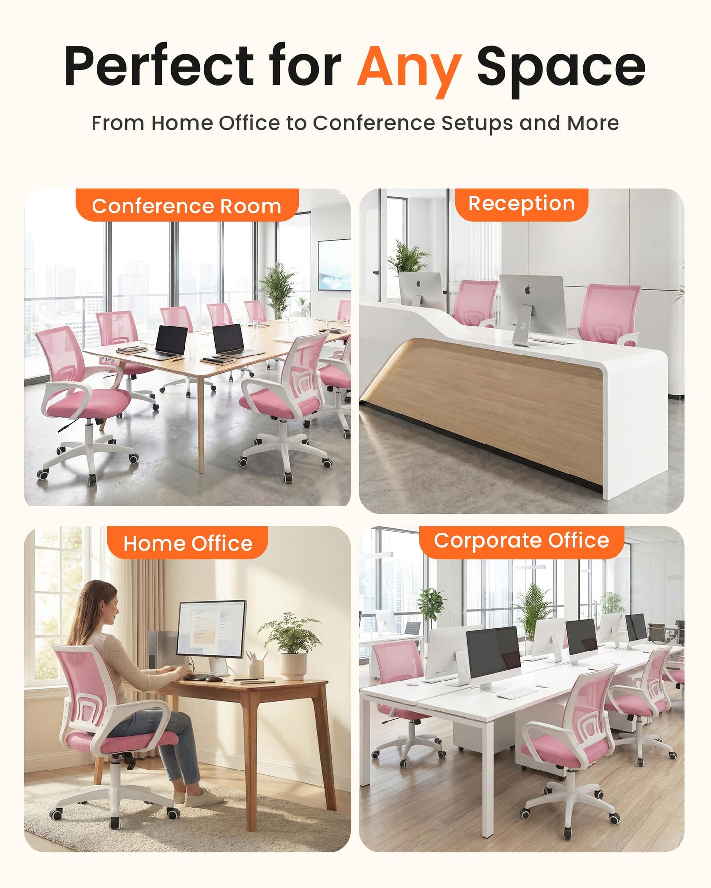 NEO CHAIR Office Desk Computer Chair Ergonomic Mesh Gaming Cushion Seat with Comfy Lumbar Mid Back Support Adjustable Height Swivel Rolling Wheels for Home Task (Pink)