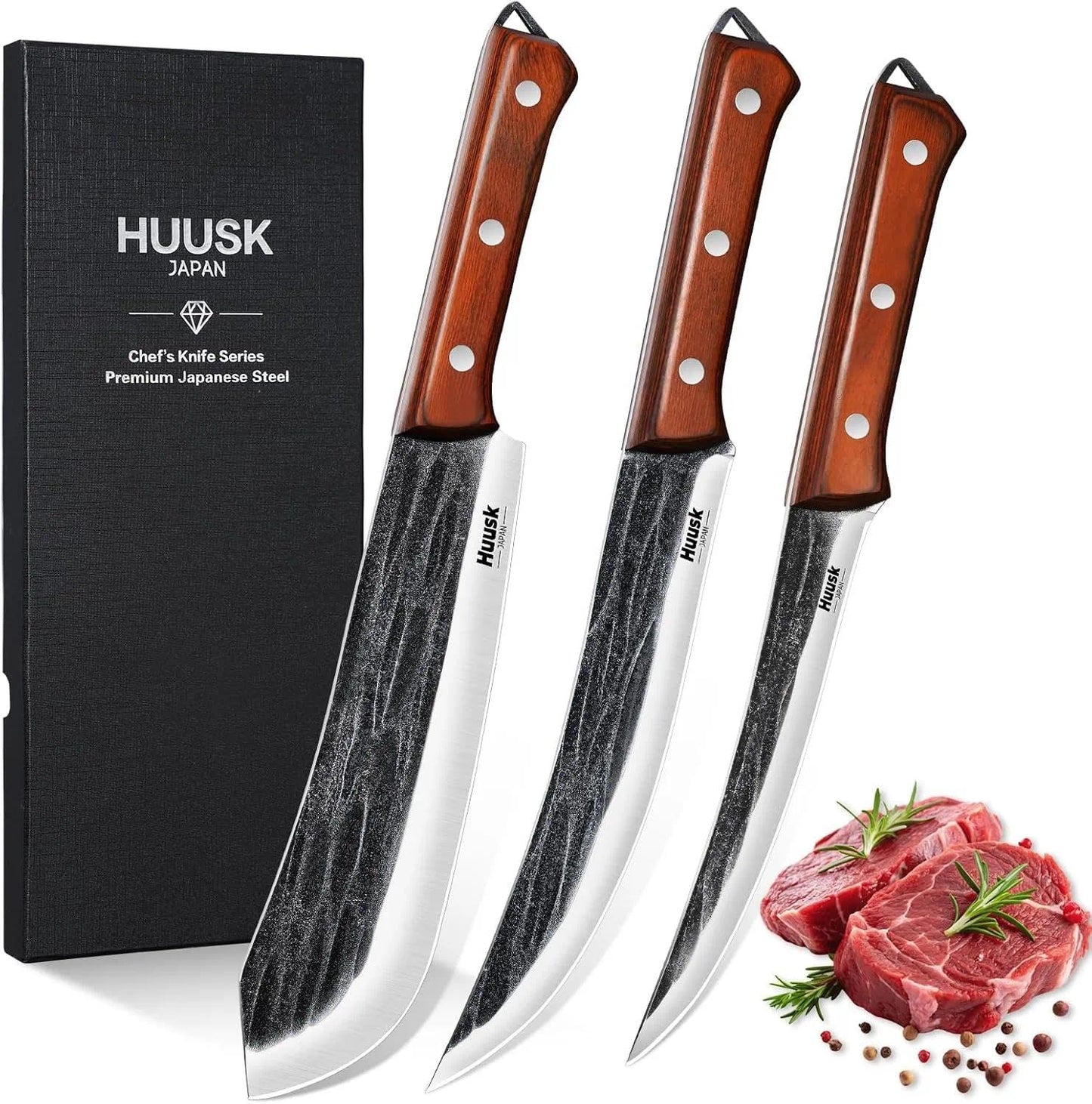 Huusk Butcher Knife Set for Meat Cutting, 3PCS Carving BBQ Brisket Knives, Hand-forged Kitchen Knive Set with Ergonomic Handle, Gifts for Men Women