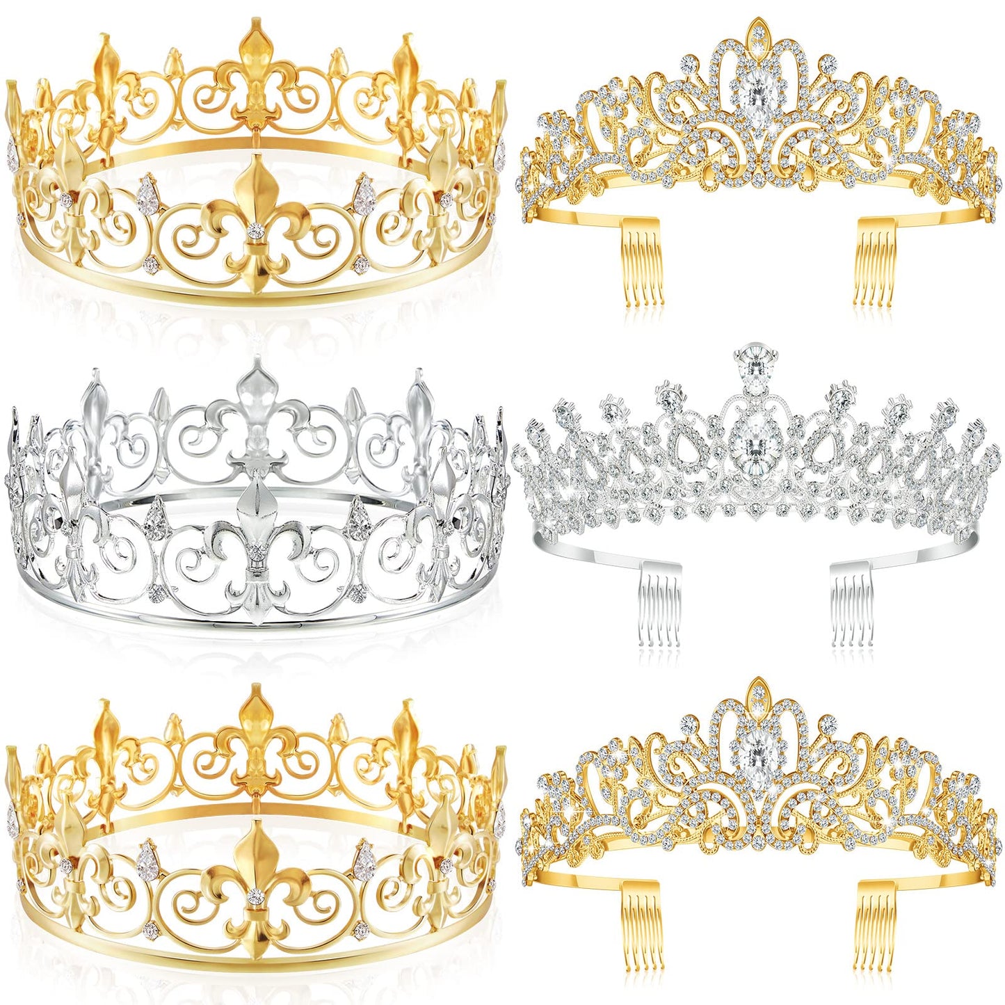 Juexica 6 Pieces Prom King Crown Metal Baroque King and Queen Prince Princess Crystal Headband Tiara Crown Wedding Bridal Accessories for Women Men(Gold, Silver, Elegant Style)