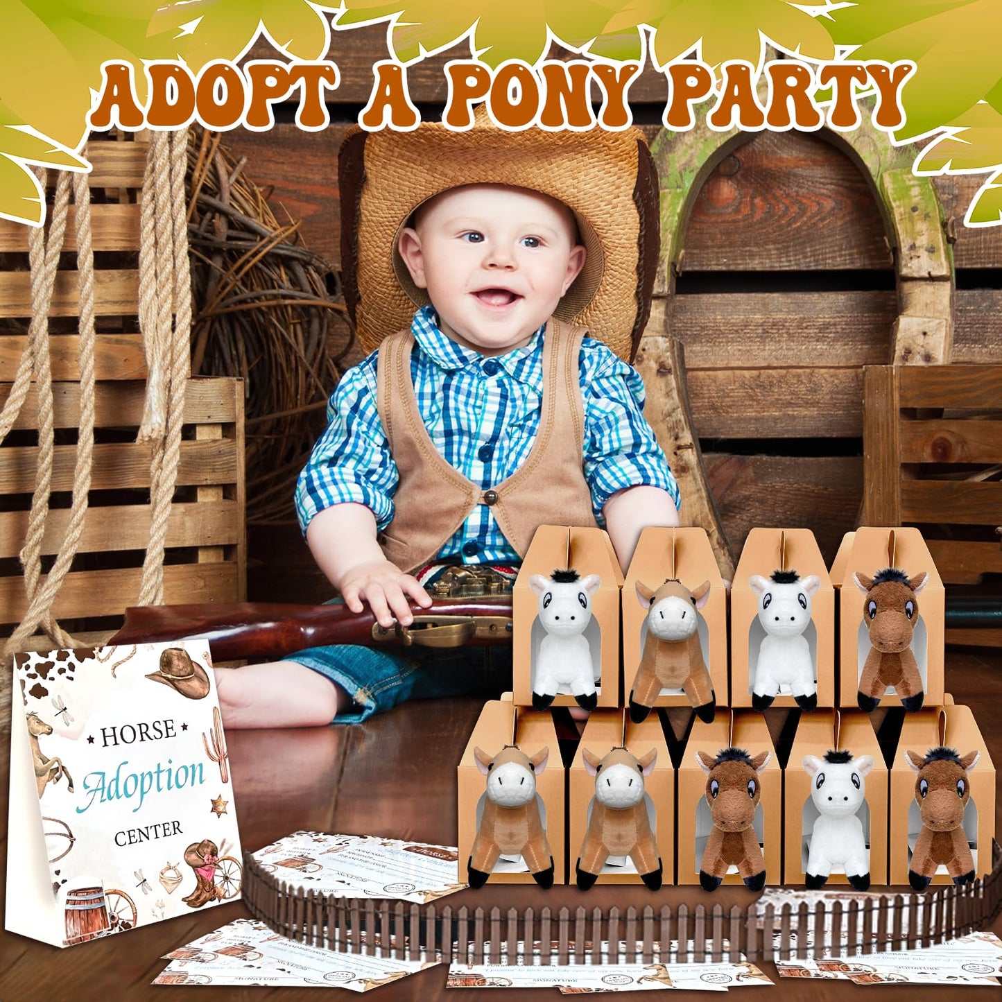 38 Pcs Horse Adopt Party Favor Include 12 4.72 Inch Horse Stuffed Animals 12 Foldable Horses Boxes 12 Adoption Certificates 1 Adoption Card 1 Fence for Adopt a Pony