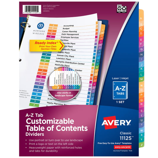 Avery A-Z Dividers for 3 Ring Binders, 26 Tabs per Set, Customizable Table of Contents, Multicolor Tabs, Great for Organizing Reports, Projects, and More (12 Sets of 11125)