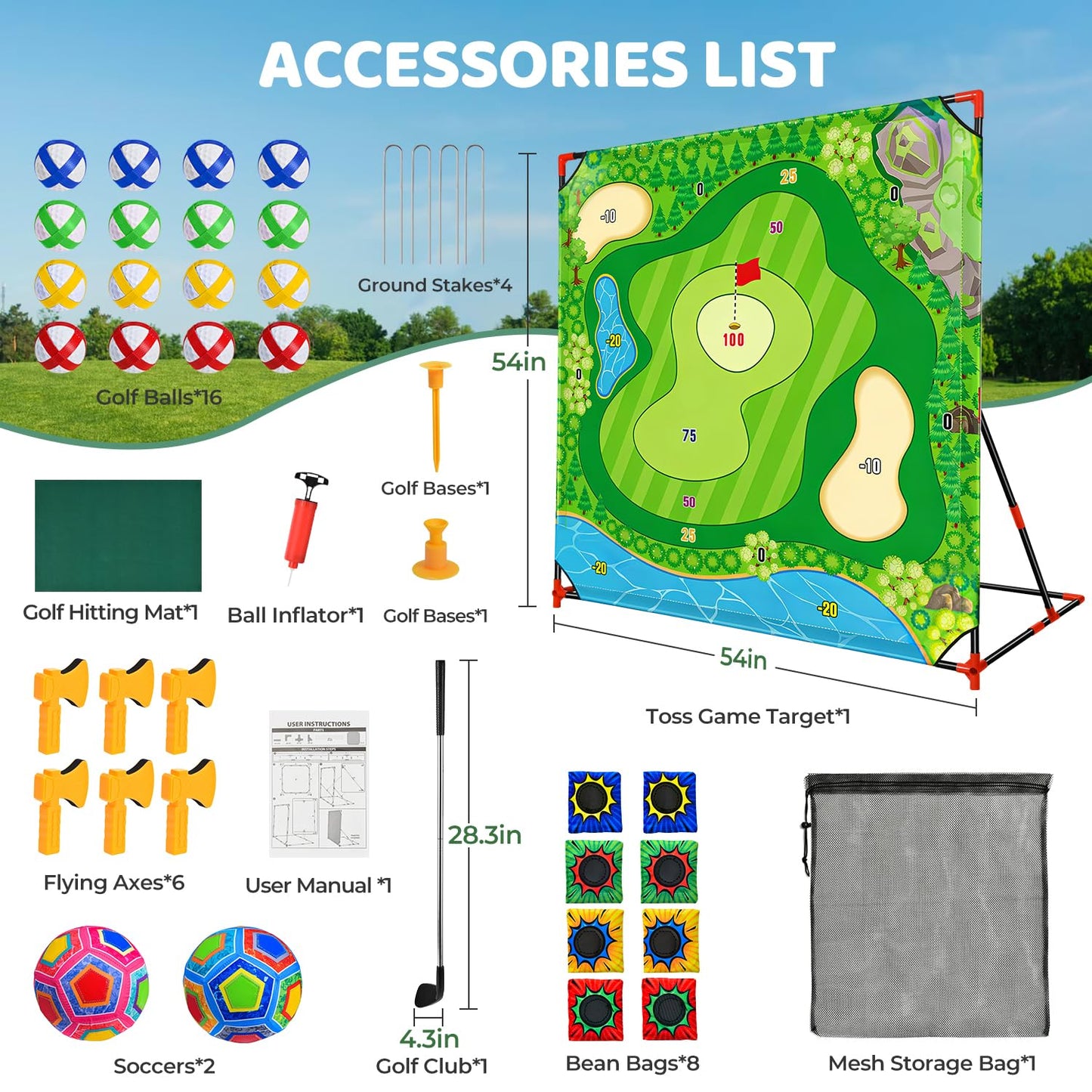 DyBaxa Golf Chipping Game - Golf Battle Game for Kids, 54*54 Golf Target Mat with 16 Sticky Balls, 8 Bean Bag, 6 Axe, 2 Soccer, Perfect for Family Fun, Outdoor Lawn, Poolside, Backyard Party Activity