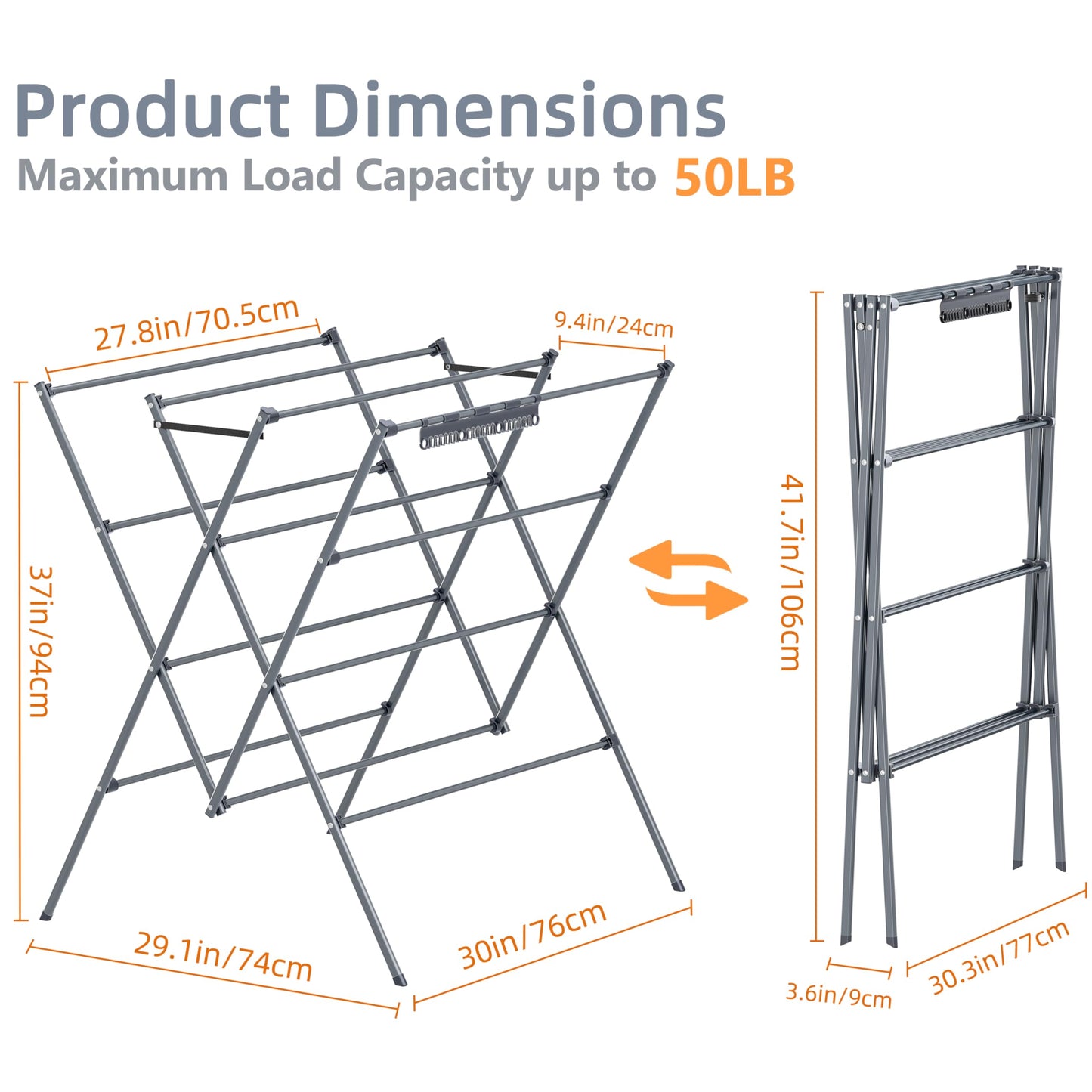 HOMIDEC Drying Rack Clothing,Large 12 Drying Poles with Sock Clips Clothes Drying Rack,Foldable Portable Laundry Drying Rack for Air Drying Clothing,Towels,Delicate Eac,Indoor Outdoor Use.Silver
