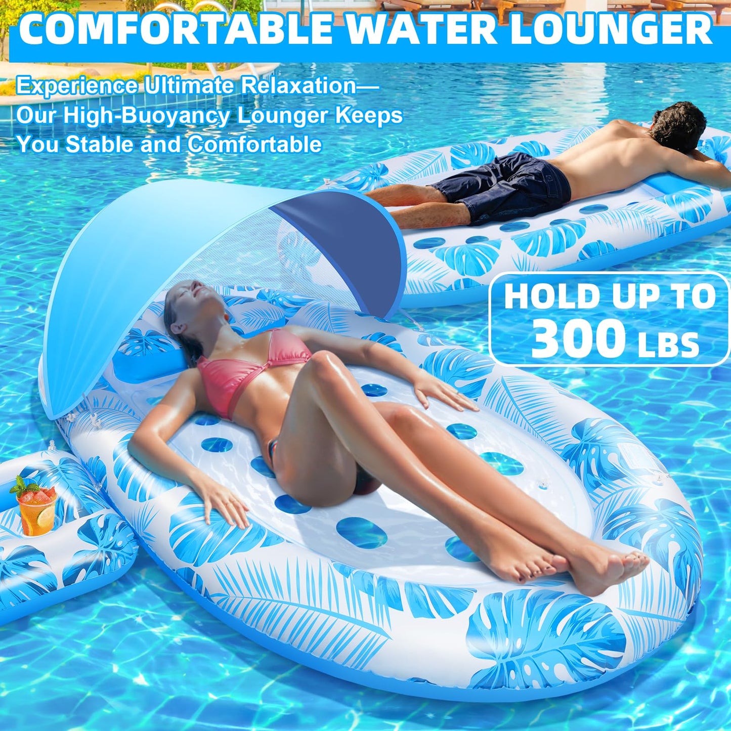 KIZJORYA 2025 New Pool Floats Adult with Canopy and Cup Holder, 3-in-1 Inflatable Pool Lounge Floaties for Swimming Pool Lake Beach Water, Raft Lounger Floating Chair for Adults Heavy Duty